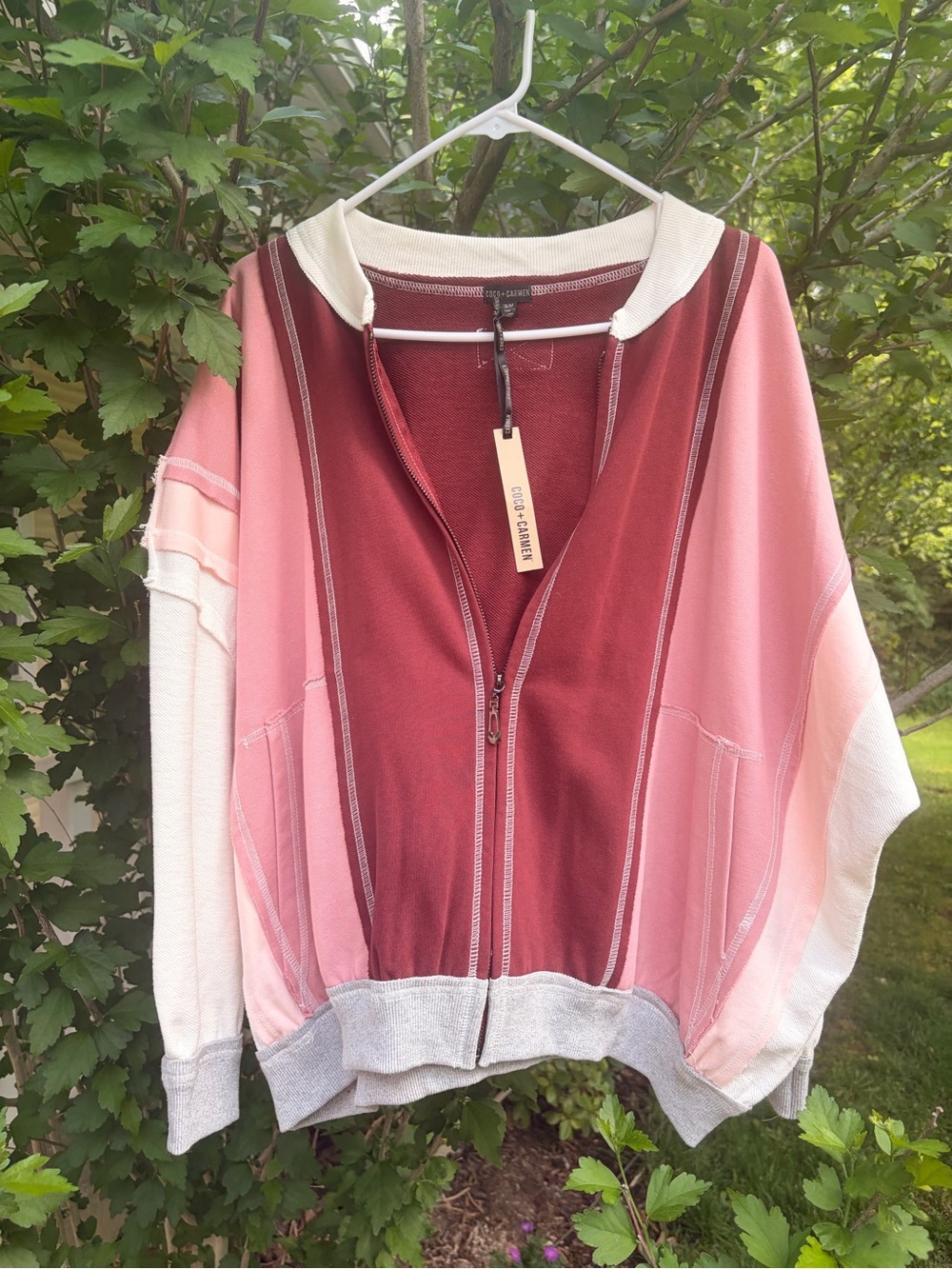 Coco + Carmen Pink and Burgundy Zip-Front Colorblock Cardigan